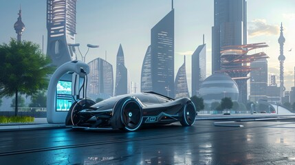 An energy EV car concept with a futuristic hybrid vehicle at a charging station, blending urban landscapes with green technology  - obrazy, fototapety, plakaty