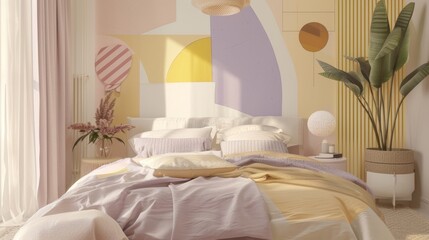 Soft pastel yellow and lavender tones in a whimsical geometric design for a bedroom AI generated illustration