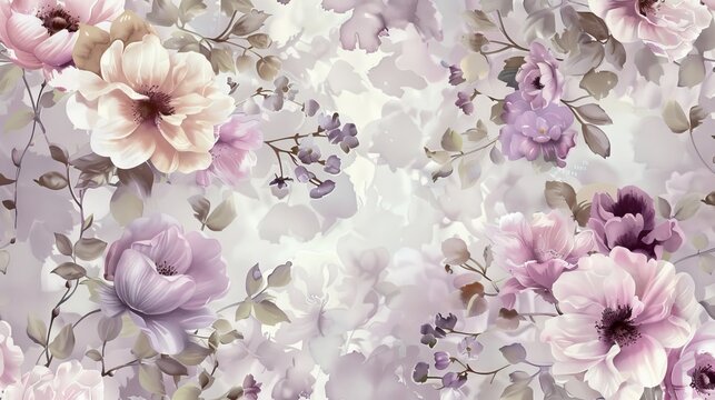 Soft pastel pink and lavender flowers on a wallpaper that brings the outdoors inside  AI generated illustration