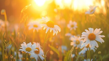 white daisy blossoms in a field, grassy meadow is blurred, warm golden hour effect during sunset...