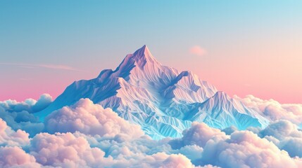 Serene Pastel Mountain Peaks Amidst Fluffy Clouds in Soft Gradient Landscape