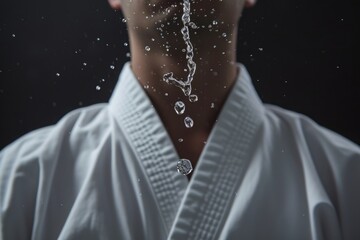 A man wearing a white shirt with a single water droplet escaping from his mouth, Sweat drop falling from a karate practitioner's forehead, AI Generated - obrazy, fototapety, plakaty