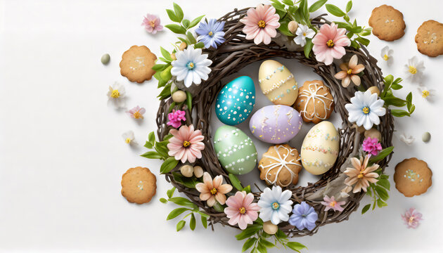Stylish wreath with painted Easter eggs, cookies and flowers on white background
