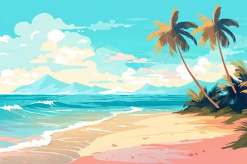 Poster Summer tropical beach landscape background. Exotic paradise beachside on sunset. © Bisams