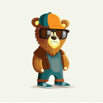 Funny hipster bear character in sunglasses cap flat