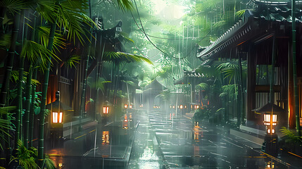 A bamboo forest on a rainy day with wet ground and wooden architecture. Lanterns line the street as...