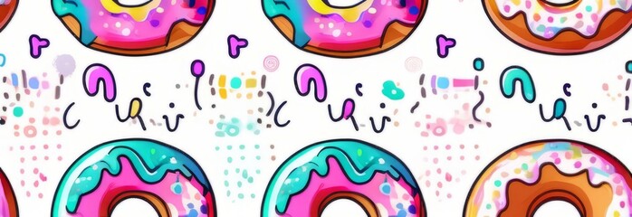 Variety of vibrant glazed donuts displayed on soft pink background, enticing with their colorful toppings, delicious allure. For cafe, pastry shop website, dessert advertisements, restaurant menu.