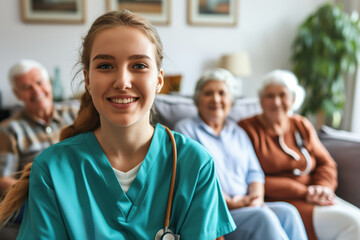 Young Nurse Smiling With Elderly Woman In Private Hospital Or Care Center - obrazy, fototapety, plakaty