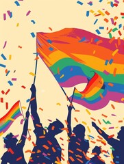pride people holding a rainbow flag and celebrating, illustration

