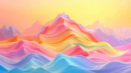 Deurstickers Fanciful Mountainscape with Radiant Pastel Gradient Peaks and Enchanting Striped Ridges in Dreamlike Digital © Sittichok