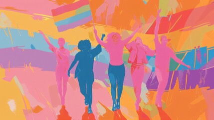 pride people holding a rainbow flag and celebrating, illustration
