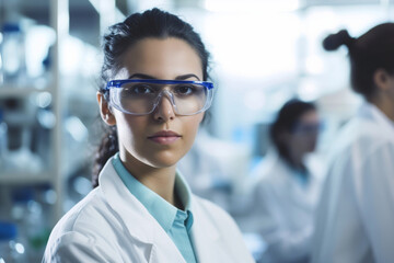 Portrait of female scientist wearing protective glasses and doctor's gown. Bright, well lit laboratories.