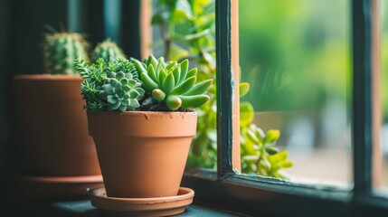 A close-up of a potted plant on a windowsill AI generated illustration