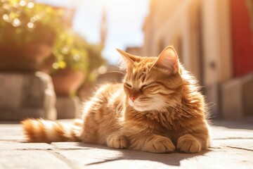 street red cat basking in the sun and copy space - generative ai