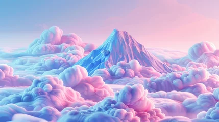 Cercles muraux Rose clair Whimsical Pastel Mountain Landscape with Fluffy Clouds and Gentle Ambience
