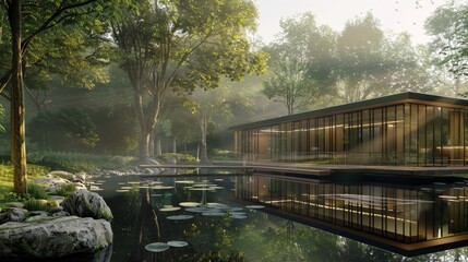 Fototapeta na wymiar A serene office retreat nestled in nature promoting work-life balance and employee well-being AI generated illustration