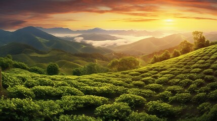 Tea forest at highland with beautiful morning sunrise. Green tea plantation landscape. - obrazy, fototapety, plakaty