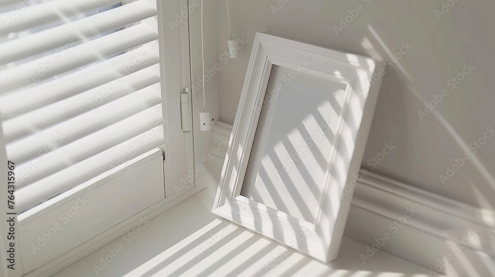 Canvas Prints a white picture frame sitting next to a window with blinds on the outside of it and a window with blinds on the inside of it.