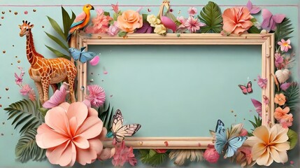 Watercolor frame with tropical leaves and animals. Giraffe, birds, butterflies, tropical flowers. Background with place for text. Floral frame for the design of invitations, cards.