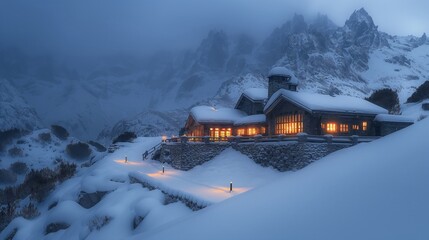 Serene Winter Night with Warmly Lit Cabin in Snowy Mountains.