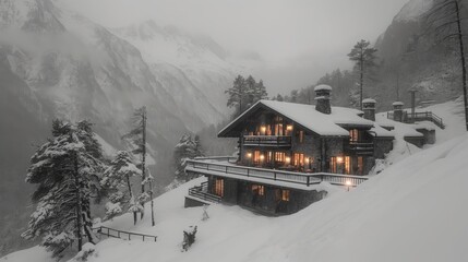Tranquil Winter Evening with Warmly Lit Cabin Amidst Snowy Peaks.