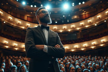 Portrait of famous actor or confident businessman in big theatre or opera hall full of people