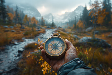 Compass pointing towards a path marked with helping hands. Concept of guidance in times of need. Generative Ai.