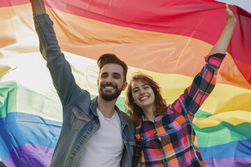 Attractive smiling couple holding big gay pride or lgbt community flag. Pride day celebration.