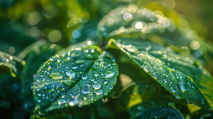 Close-up of delicate water droplets on a leaf AI generated illustration