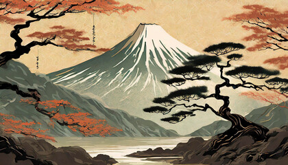 Nature painting in Japanese art style. Everything that exists in nature is an expression of a divinity, called kami. Abstract painting concept. Landscape with Mount Fuji in ukiyo-e style. - obrazy, fototapety, plakaty