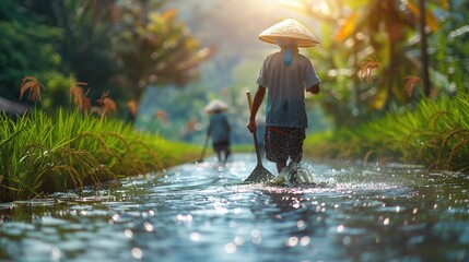 Farmer working in rice fields, lifestyle in rural areas. - obrazy, fototapety, plakaty