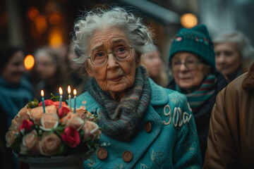 An elderly woman surrounded by family, holding a bouquet of flowers and a cake with the number "90" in candles. Celebration of a 90th birthday milestone. Generative Ai.