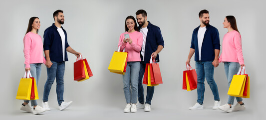 Happy couple with shopping bags on grey background, set with photos