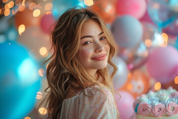 Fototapeta na wymiar A woman surrounded by colorful balloons and streamers, holding a cake adorned with the number 