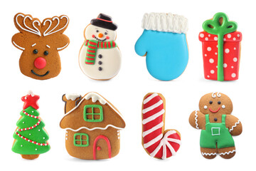 Different tasty Christmas cookies isolated on white, top view