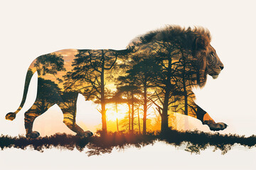 Double exposure effect of an african lion standing in the savanna