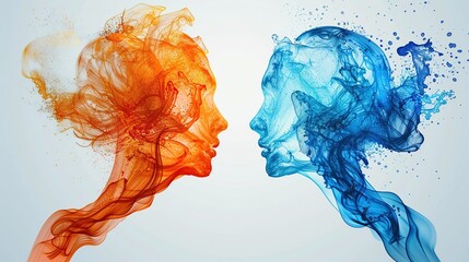 Drawing of two human heads facing each other, abstract head shape watercolor strokes. Creative of business brainstorm concept. - obrazy, fototapety, plakaty