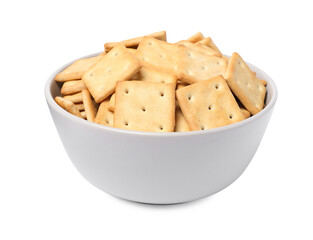 Tasty crackers in bowl isolated on white