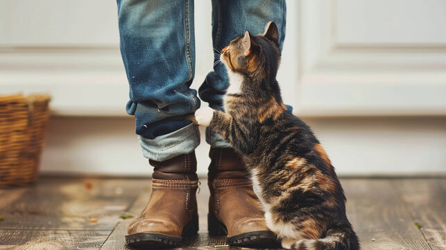 close up cat caresses around its owner's feet