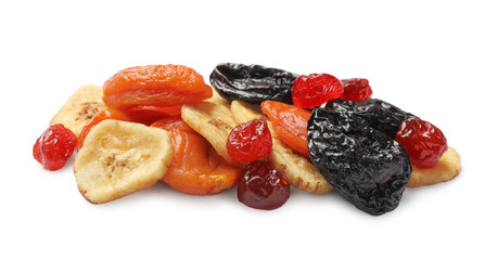 Mix of delicious dried fruits isolated on white
