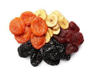 Mix of delicious dried fruits isolated on white, top view