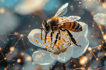 closeup bee on a white flower with a blue sky background, sunny day, natural light - Powered by Adobe