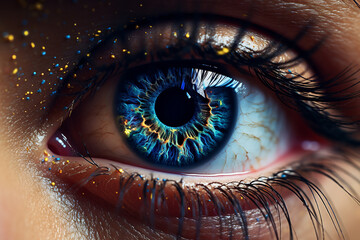 eye iris with digital reflections and futuristic elements, technology in vision, futuristic artwork - obrazy, fototapety, plakaty