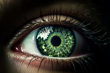 eye iris with a reflection of nature, trees and sky, futuristic artwork, macro, close up, green, environmental protection