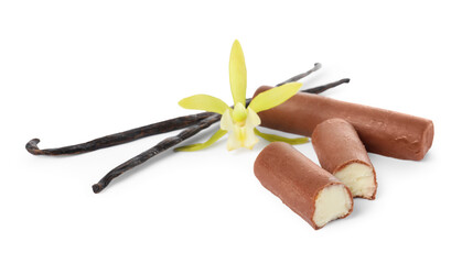 Glazed curd cheese bars, vanilla pods and flower isolated on white
