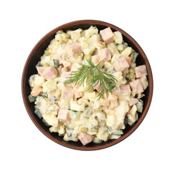Tasty Olivier salad with boiled sausage in bowl isolated on white, top view