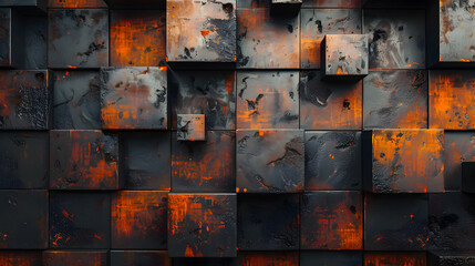 a black iron wall with squares on it, in the style of rustic futurism, 8k resolution, dark bronze and orange, industrial materials, simple shapes, realistic rendering, puzzle-like pieces