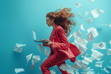 businesswoman running with a laptop and papers, surrounded by flying documents, symbolizing of office work