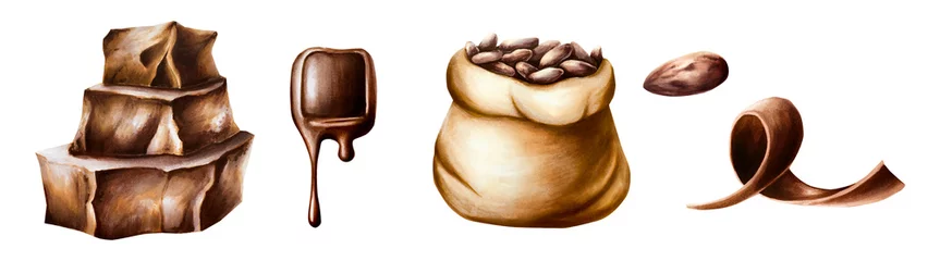 Fotobehang Watercolor set of curl slices of chocolate, cocoa beans in a canvas bag and melted liquid chocolate, stack pieces of chocolate. Hand drawn coiled sweet delicious realistic illustration isolated on w © Natalia