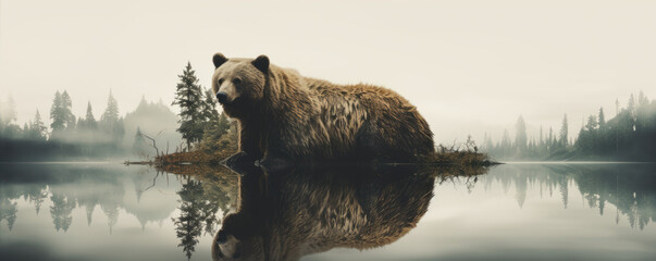 Solitary brown bear reflected in serene lake. Bear for t-shirt printing design. - obrazy, fototapety, plakaty